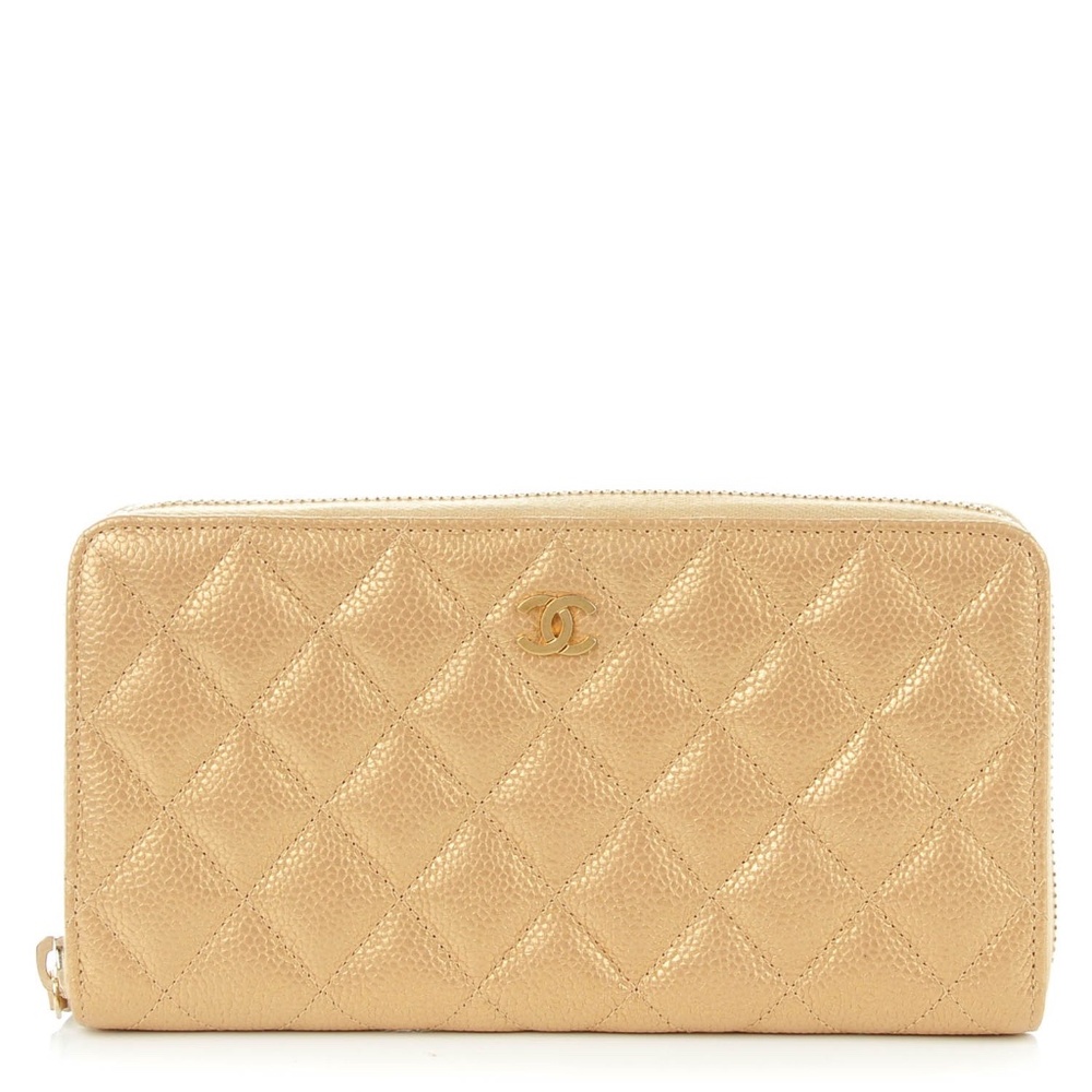 CHANEL  Pearly Caviar Quilted Large Gusset Zip Around Wallet Gold